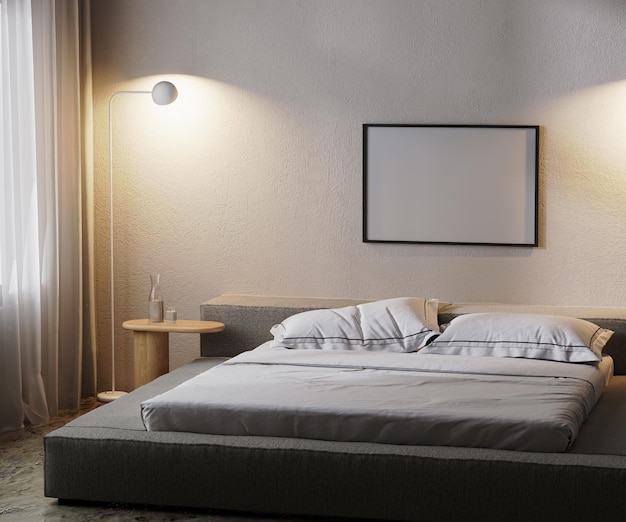 Frame mock-up in modern slaapkamerinterieur in het donker met lamplicht, 3D-rendering