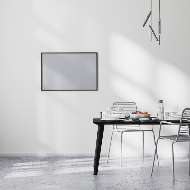 frame mock up in modern dining room interior with black table and chairs and white wall with sunbeams concrete floor minimalist style scandinavian 3d rendering