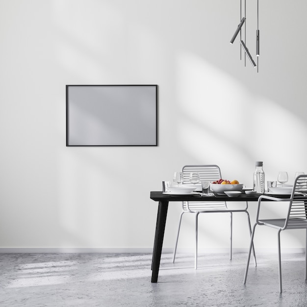 Макет рамы в современном интерьере столовой с черным столом и стульями и белой стеной с солнечными лучами, бетонный пол, минималистский стиль, скандинавский стиль, 3d-рендеринг