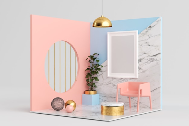 Frame mock up op roze, blauw en marmeren surrealistische kamer 3D-rendering