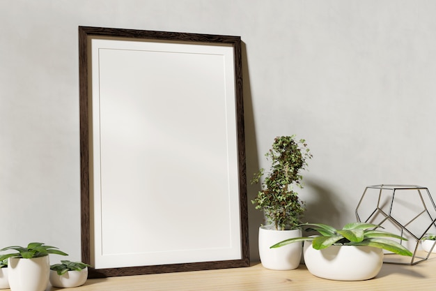 Photo frame mock up with plants on a shelf - 3d rendering