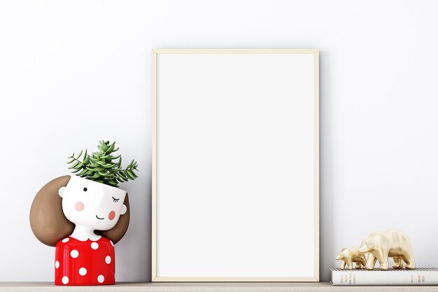 Frame mockup A4 with  gold frame and with an adorable red potty girl