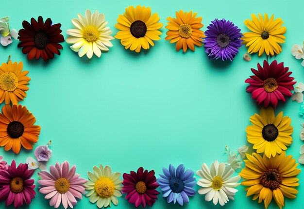 Foto modello di cornice sullo sfondo con fiori colorati