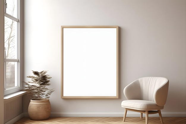 Frame mockup in contemporary minimalist beige room interior 3d render