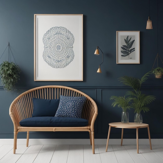 Frame mockup design in deep blue room