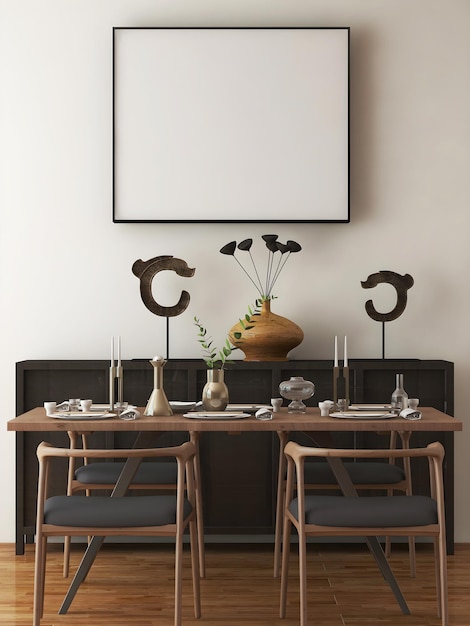frame mockup in dining room with frame dining table cabinet and objects 3d render