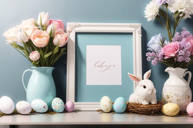 Photo frame mockup and easter decor with flowers