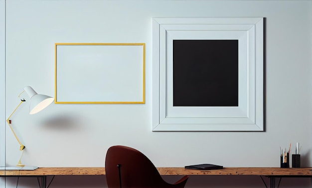 Макет рамы пустой бланк на белой стене винтажный ретро стул для домашнего офиса или рабочего места