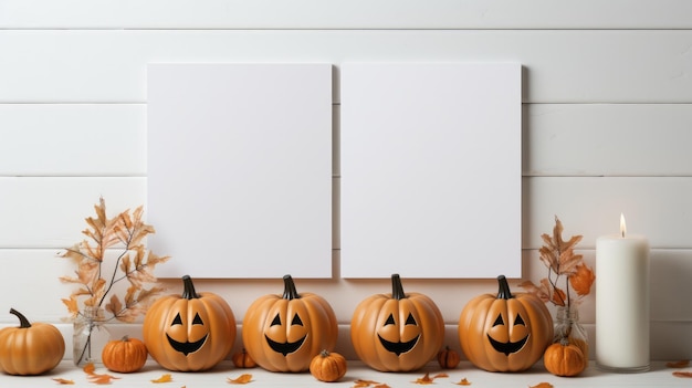 Photo frame mockup and halloween pumpkin