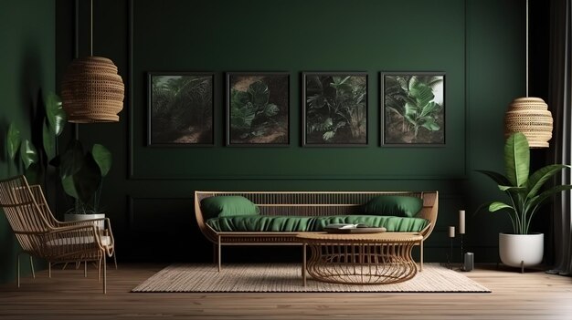 Frame mockup in home interior with rattan furniture and decor dark green living room Generative Ai