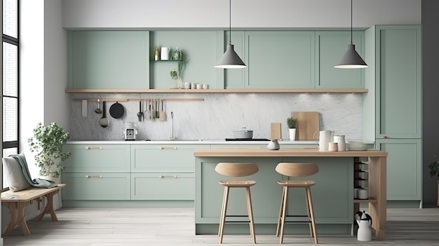 Frame mockup in Scandinavische keuken interieur 3d render Heldere kleur Generatieve Ai