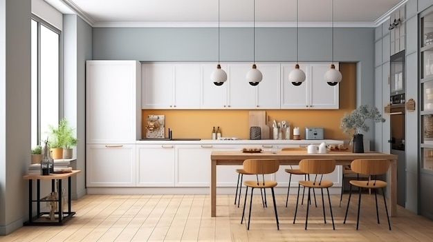 Frame mockup in Scandinavische keuken interieur 3d render Heldere kleur Generatieve Ai