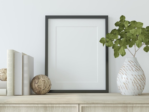 Frame mockup Interior with the black vertical frame near white wall 3d render