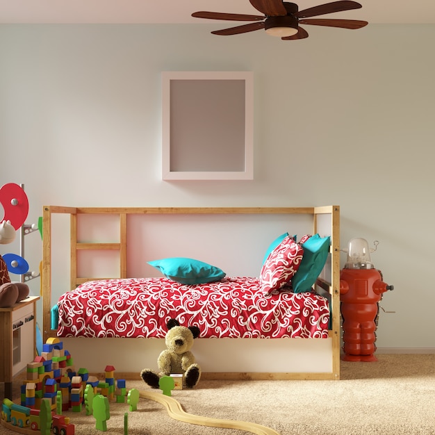 Photo frame mockup in kids bedroom