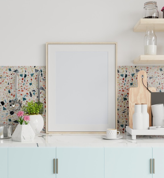 Photo frame mockup in kitchen interior on marble table in kitchen room