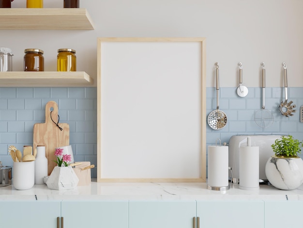 Frame mockup in kitchen interior on wooden table in kitchen room3d rendering