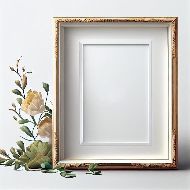 Frame mockup leeg op een witte muur en bloemen op de witte muur in het interieur Generatieve AI