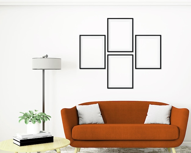 Frame mockup in living room and black frame A4 3D rendering