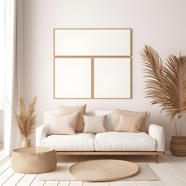 Frame mockup in living room interior background Coastal boho style 3D render