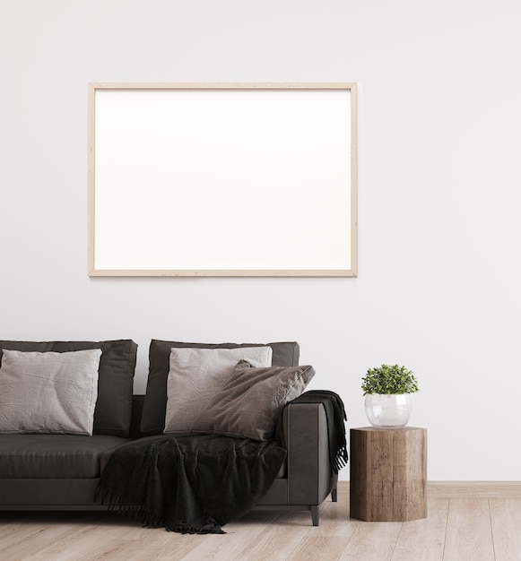 Frame mockup met donkere bank in Scandinavisch woonkamerontwerp