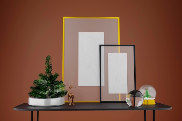 Frame mockup met kerstboom en herten 3d render