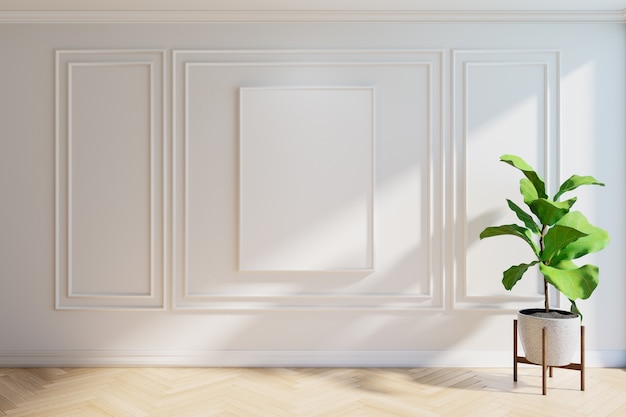 Frame mockup met plant, houten vloer en witte muur, 3D-rendering