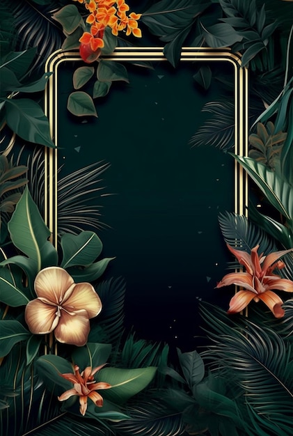 Frame mockup met tropische bladeren gebladerte en bloemen arrangement natuur achtergrond met copyspace op smaragdgroene achtergrond Generatieve ai