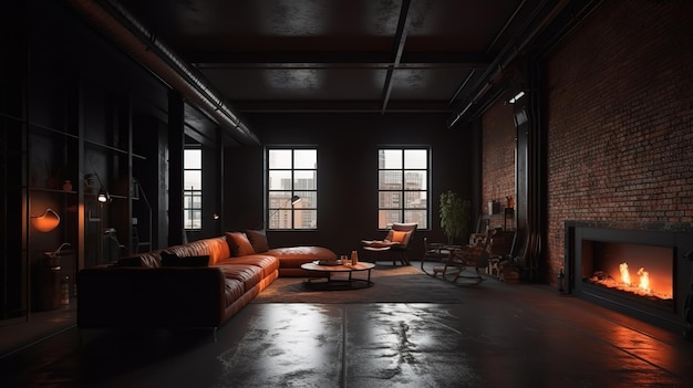Frame mockup in modern loft interior with burning fireplace Generative Ai