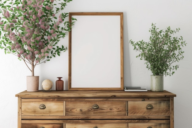 Frame mockup picture on vintage dresser against white wall in minimalist room detail of Scandinavian interior with blank poster plants and grey chest of drawers Concept of home design