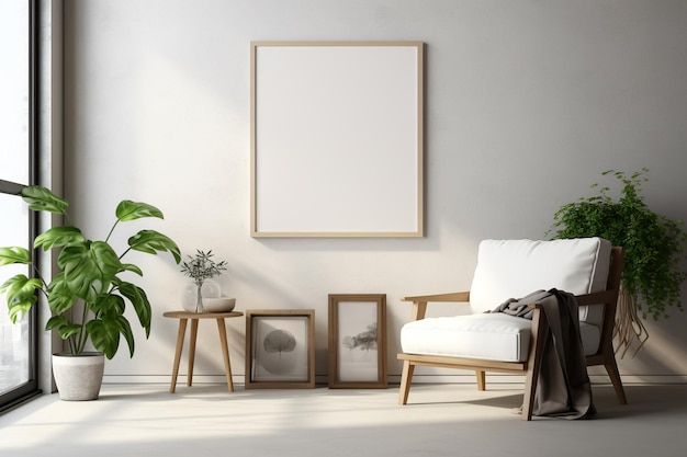 Frame mockup poster op witte muur interieur met groene planten generatieve AI Concept van modern appartement in minimalistische stijl