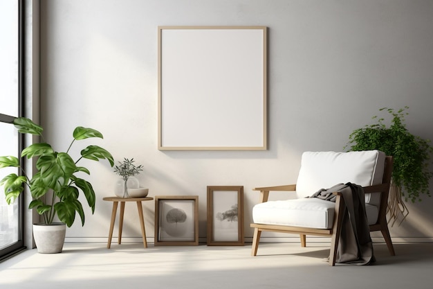 Frame mockup poster on white wall interior design with green plants generative AI Concept of minimalist style contemporary apartment