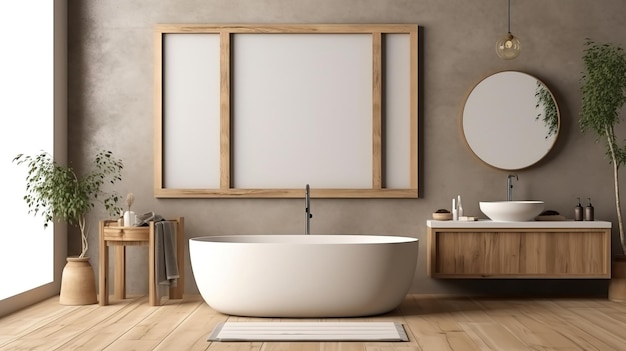 Frame mockup in rustic villa bathroom interior background 3d render Generative Ai