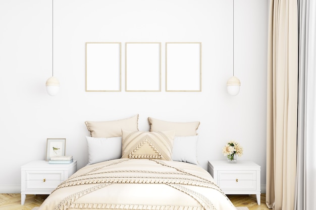 Frame mockup slaapkamer in boho-stijl en drie houten frame