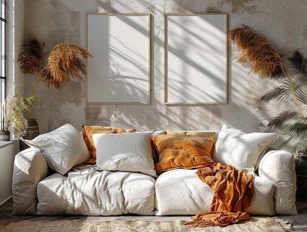 Мокет каркаса стены пустые рамки в гостиной с диваном солнечный свет и тень от окна