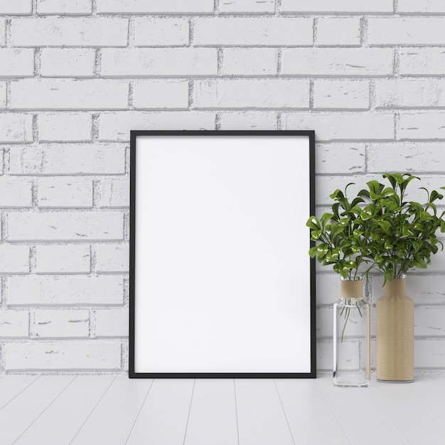 Frame mockup sul muro di mattoni bianchi con decorazione di piante