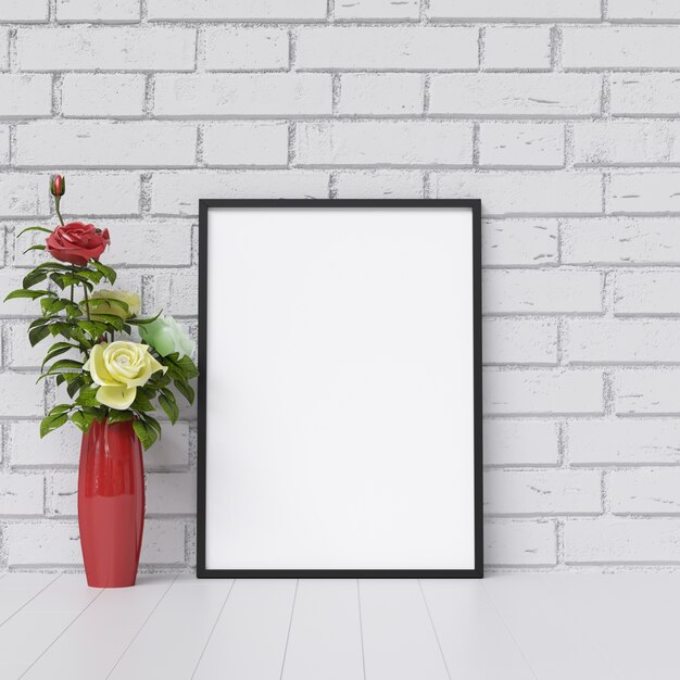 Frame Mockup on White Brick Wall with Plant Decoration