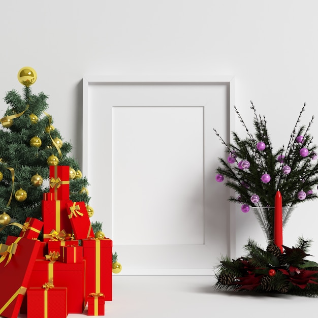 Photo frame mockup on white wall with christmas decoration