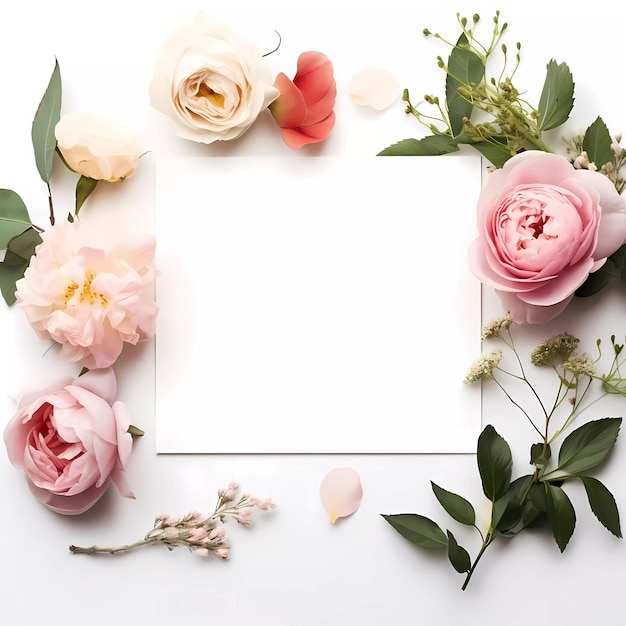 Frame mockup with roses and pions flowers on a white background Banner or gift card with flowering frame