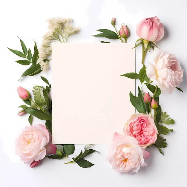 Frame mockup with roses and pions flowers on a white background Banner or gift card with flowering frame