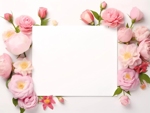 Frame mockup with roses and pions flowers on a white background Banner or gift card with flowering frame