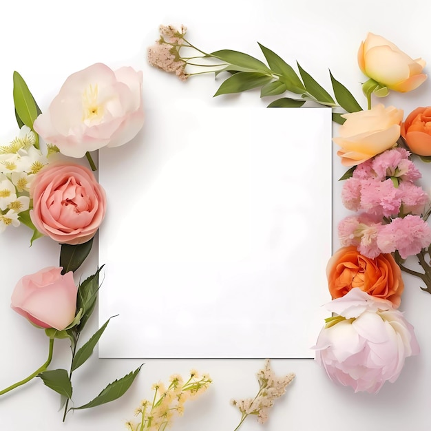 Photo frame mockup with roses and pions flowers on a white background banner or gift card with flowering frame