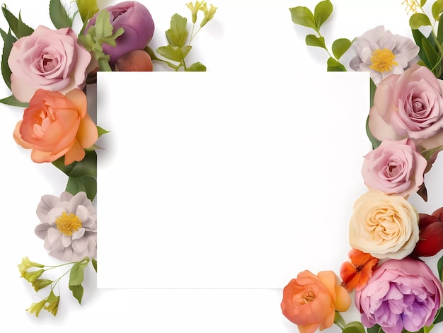 Frame mockup with roses and pions flowers on a white background Banner or gift card with flowering frame