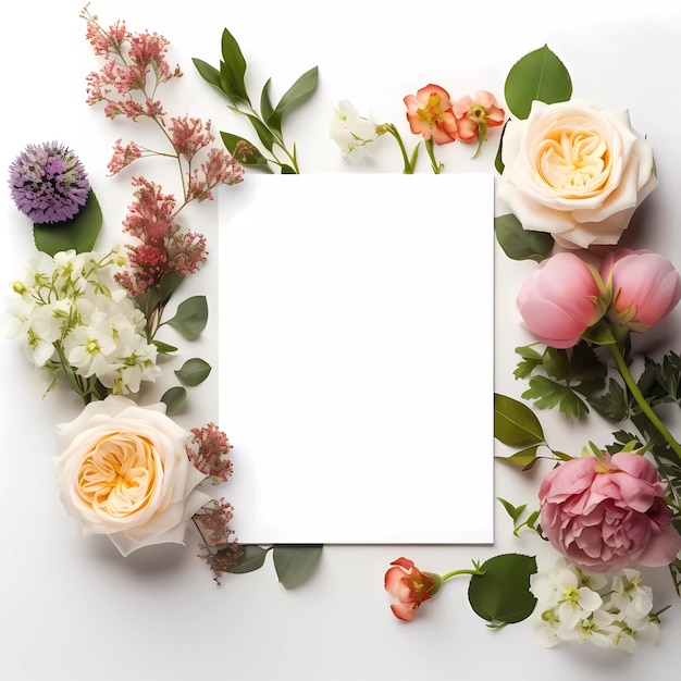 Frame mockup with roses and pions flowers on a white background Banner or gift card with flowering frame