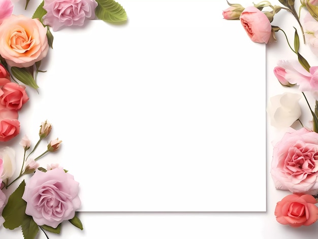 Photo frame mockup with roses and pions flowers on a white background banner or gift card with flowering frame