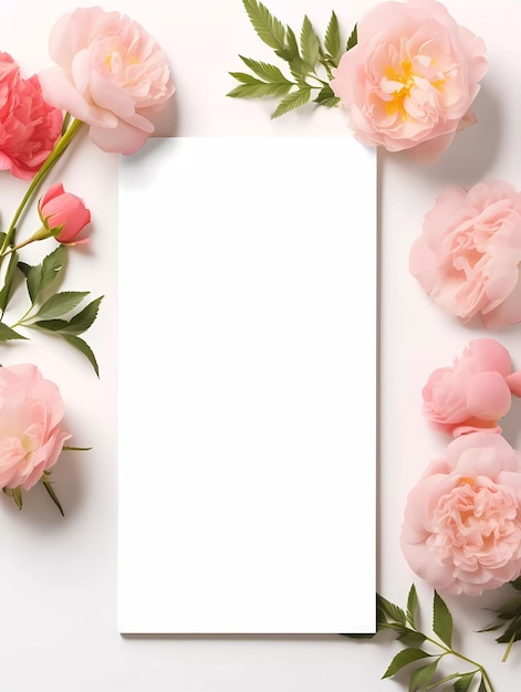 Photo frame mockup with roses and pions flowers on a white background banner or gift card with flowering frame