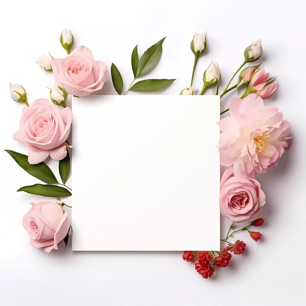 Мокет рамы с розами и пионами цветы на белом фоне Баннер или подарочная карточка с цветущей рамой