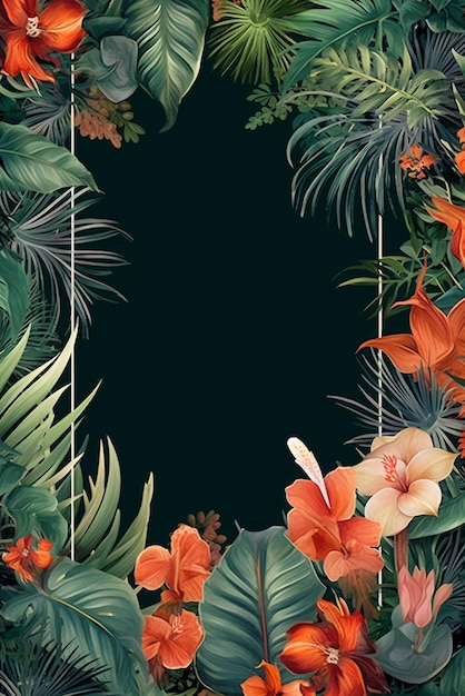 Frame mockup with Tropical leaves and flowers Generative ai