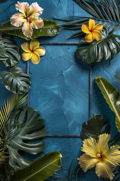 Frame mockup with Tropical leaves foliage and flowers arrangement copy space