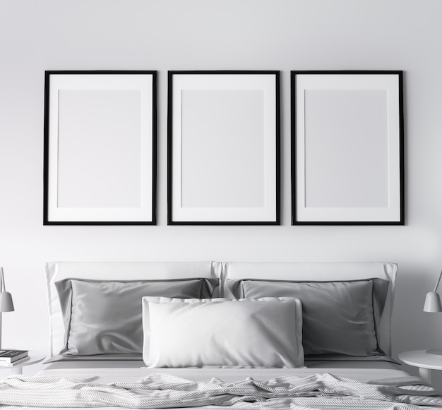 Photo frame in modern bedroom design, three black frames on bright white wall