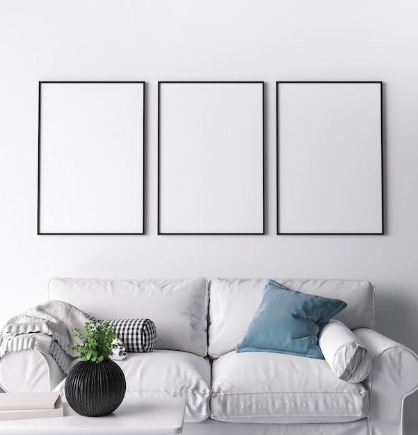 Frame in modern living room design, three black frames on bright white wall